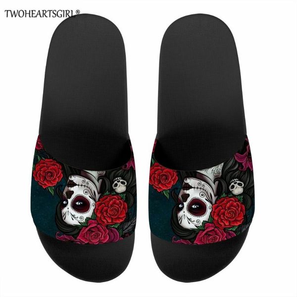 

cartoon gothic girls women indoor floor flat shoes flower skull non-slip flip flops bath slippers female slipper comfortable, Black