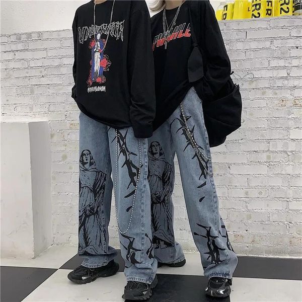 

women's pants & capris 2021 summer fashion ins street hip-hop printing wash jeans loose casual denim wide leg woman y2k trousers, Black;white