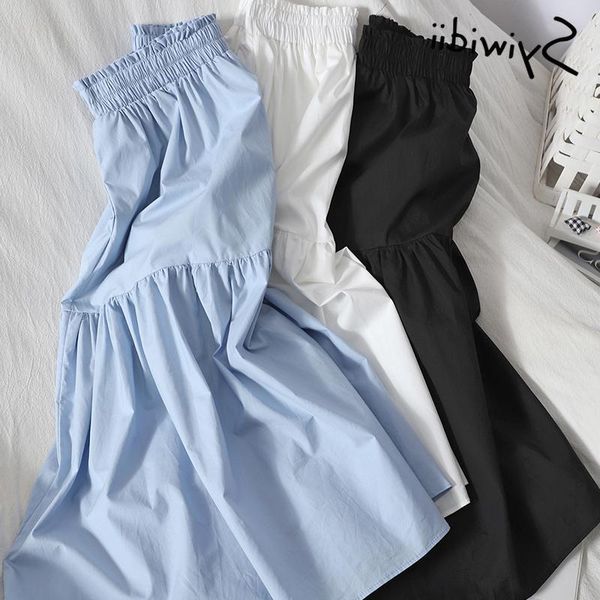 

skirts elastic syiwidii ruffles high waist midi women a-line blue white mid-calf 2021 summer clothing korean fashion, Black