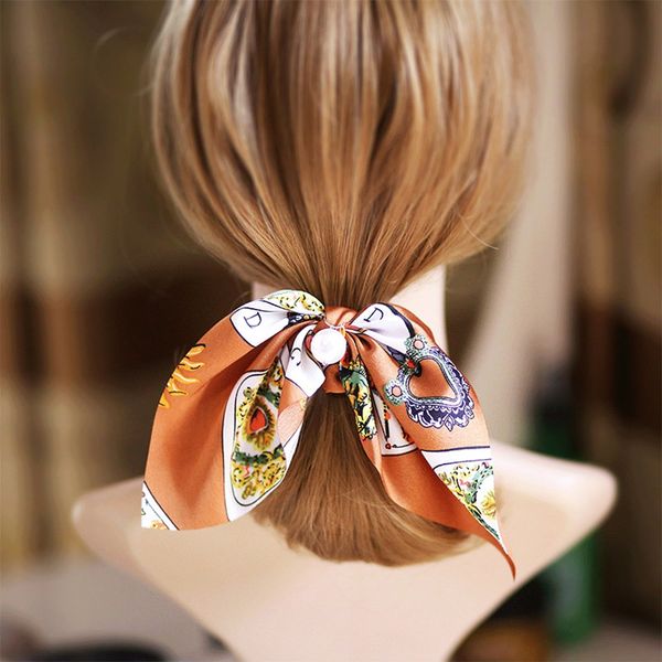 

chiffon floral printed bowknot silk hair scrunchies women pearls ponytail holder tie hair rope accessories multicolor, Golden;white