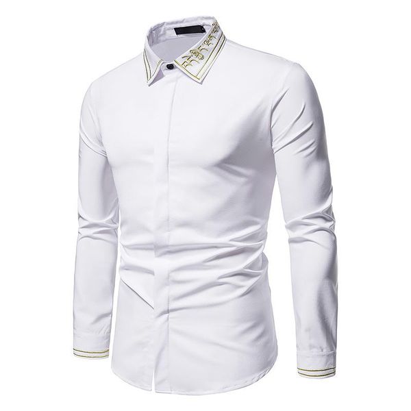 

men's casual shirts 2021 spring fall embroidered single breasted trim business long sleeve, White;black