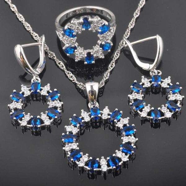 

earrings & necklace 2021 women's silver color jewelry sets blue zirconia bracelet pendant ring qz0416