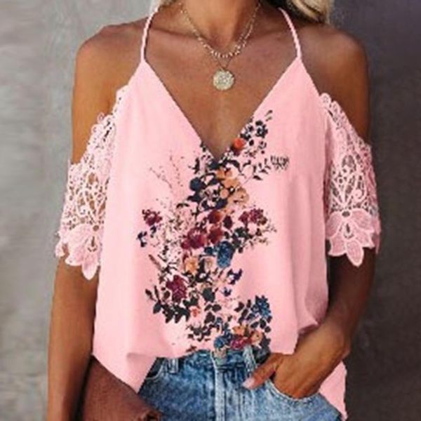 

women's blouses & shirts women summer v-neck strapless lace print t-shirts ladies casual halter blouse off shoulder, White