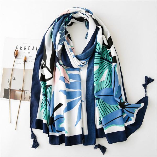 

scarves women tropical print scarf tassels girls floral printed female soft summer beach cape shawl wrap twill long, Blue;gray