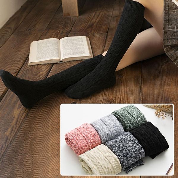

sports socks women's calf high stockings thick knitting long elastic rib design below knee warm legs tights for winter fall xr-, Black