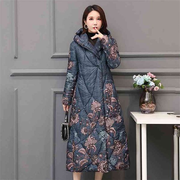 Китайский стиль женская зима вниз хлопчатобумажная куртка X-Long печать свободно толстое оружие с капюшоном покрыта крытая кнопка женское холодное пальто 210913