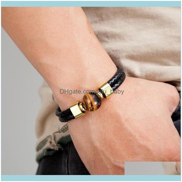 

charm jewelry classic double genuine leather bracelet natural round tiger eye stone men bracelets stainless steel magnetic mens jewelry drop, Golden;silver