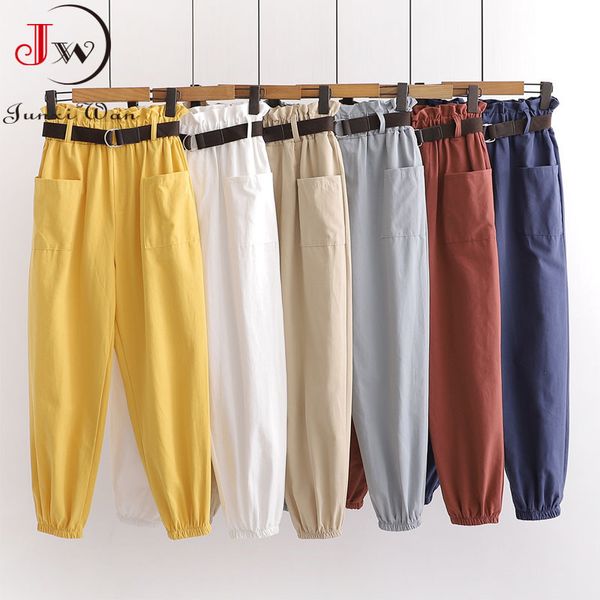 Mulheres Verão Casual Calças de Carga Primavera Solta Sólida Alta Elastic Elastic Cintura Meninas Calças de Algodão de Comprimento do Ankle com Cinto Pantalon 210510