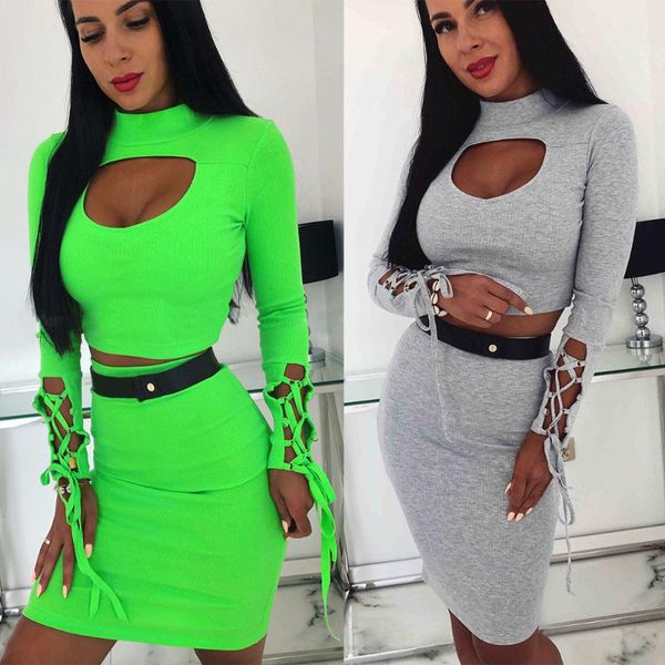 

two piece dress women fashion solid two-piece suits for autumn 2021 high neck long sleeve hollow out lacing slim female suit, White
