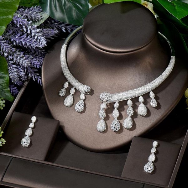 

earrings & necklace hibride 2pcs water drop bridal zirconia jewelry sets for women party luxury nigeria dubai cz crystal wedding n-1724, Silver