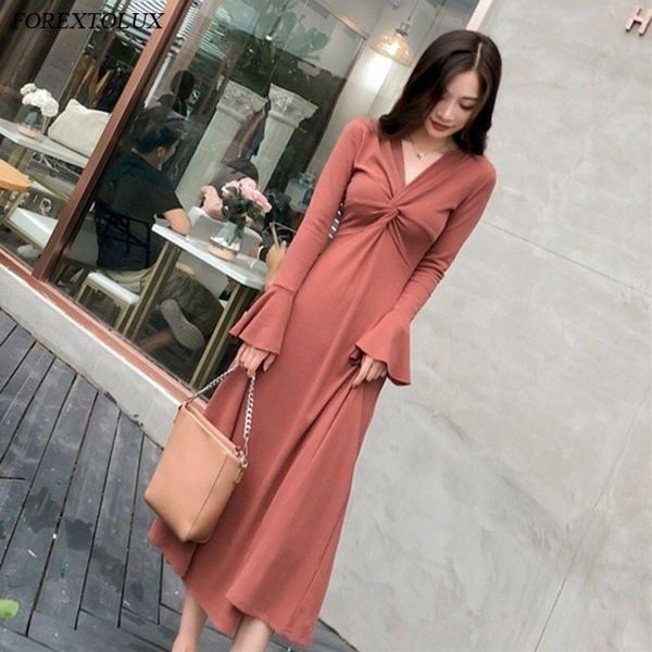 

casual dresses flare seeve women dress twist kink black brick red party midi robes spring fall stretchy slim clothing v-neck pullover, Black;gray