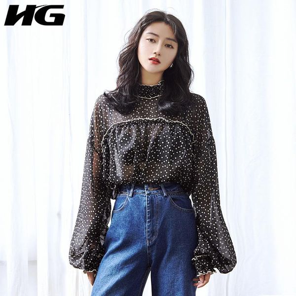 

women's blouses & shirts [hg] women korea fashion 2021 spring summer stand collar full sleeve shirt female polka dot casual patchwork b, White