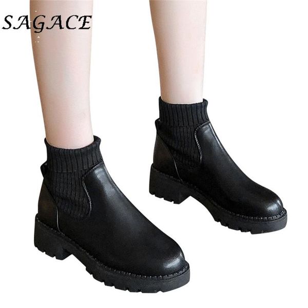 

boots sagace shoes ladies black leather girls women square heels ankle 2021 autumn platform