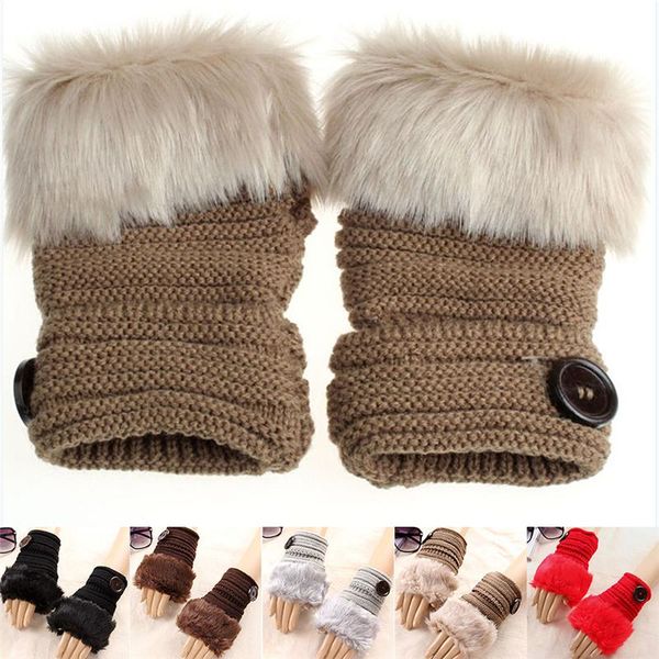 

five fingers gloves 1pair warm winter faux fur knitted women girl female knitting warmer wrist fingerless mittens, Blue;gray