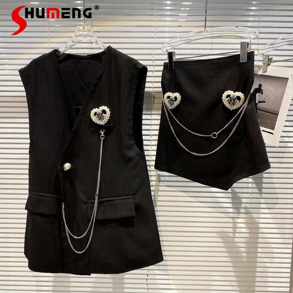 

women's tracksuits 2021 summer women elegant pearl suit vest ladies chain beading casual shorts fashion solid color office lady two-pie, Gray