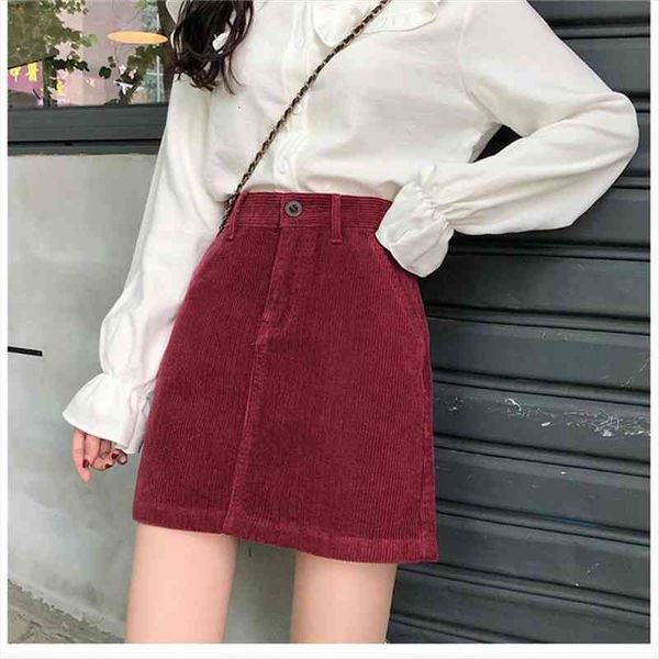 

vintage wine red black corduroy skirt women slim high waist a-line skirt ladies hip mini elegant saia midi jupe