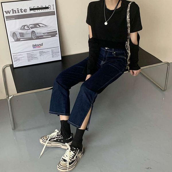 

casual women's autumn version high waist slim simple side slit nine point pants fashion, Blue