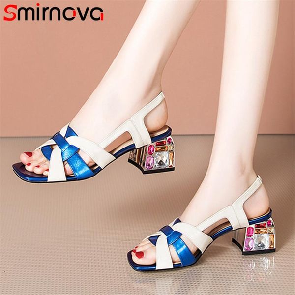 

smirnova 2021 genuine leather shoes women sandals mixed colors crystal square high heel fashion ladies, Black