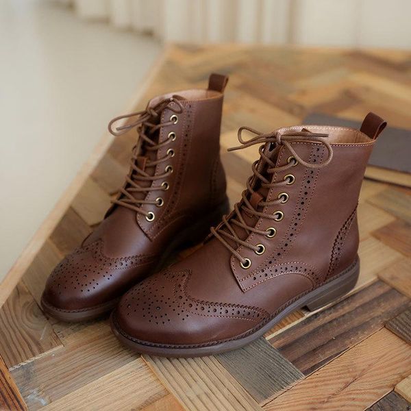 

boots handmade genuine leather brogue lace-up single-layer low heel british fashion short autumn and winter, Black