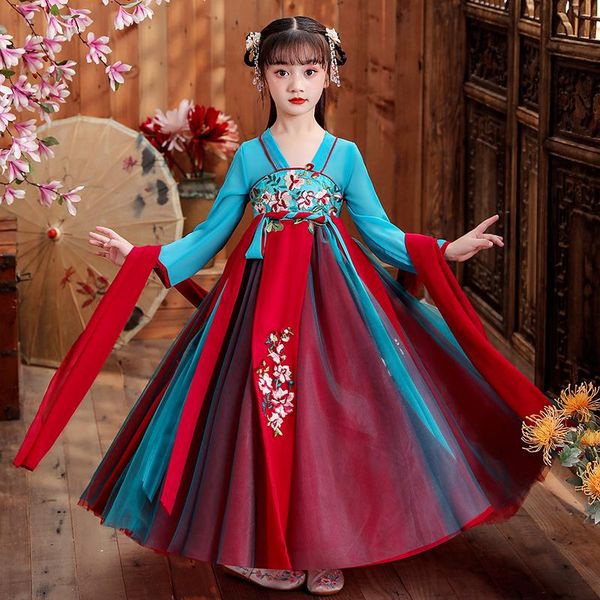 

girls chinese traditional hanfu exquisite birthday dress floral embroidery ancient clothes child perform cosplay ethnic clothing, Red