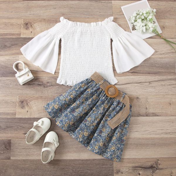 

fashion kids girls 1 6y clothes sets long flare sleeve solid flowers a line skirts belt, White