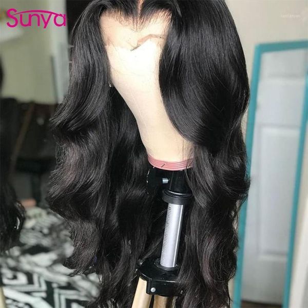 

transparent lace body wave wigs pre plucked remy 13-6 brazilian front human hair for black women 150% frontal wig1, Black;brown