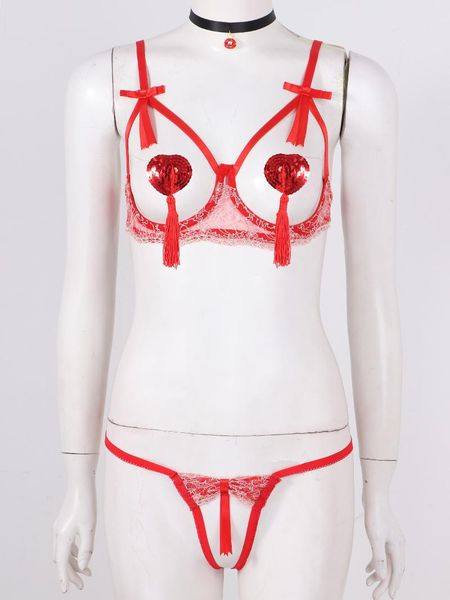 

bras sets women hollow out lace trim lingerie set underwear underwire bra with crothless t-back sequin tassel nipple sticker neck ring, Red;black