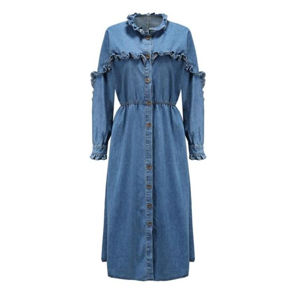 

casual dresses fall/winter fashion women's ruffled long-sleeved big swing denim dress elegant work ol cowboy, Black;gray