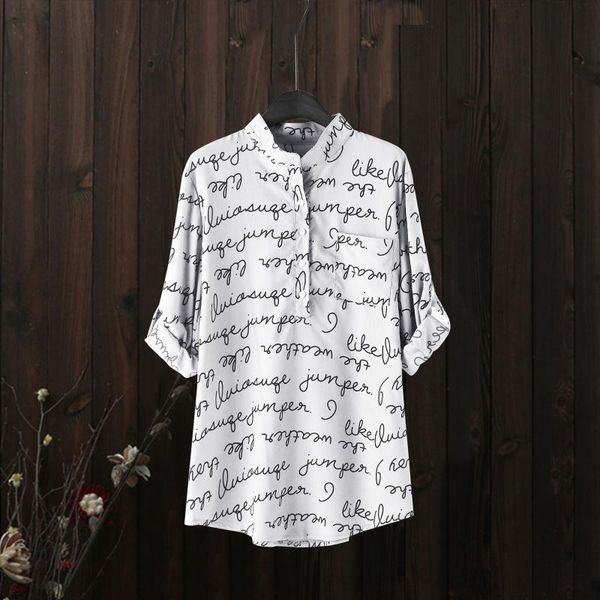 

women's blouses & shirts long sleeve fashion letter printing button turn-down collar summer women elegant loose blouse, White