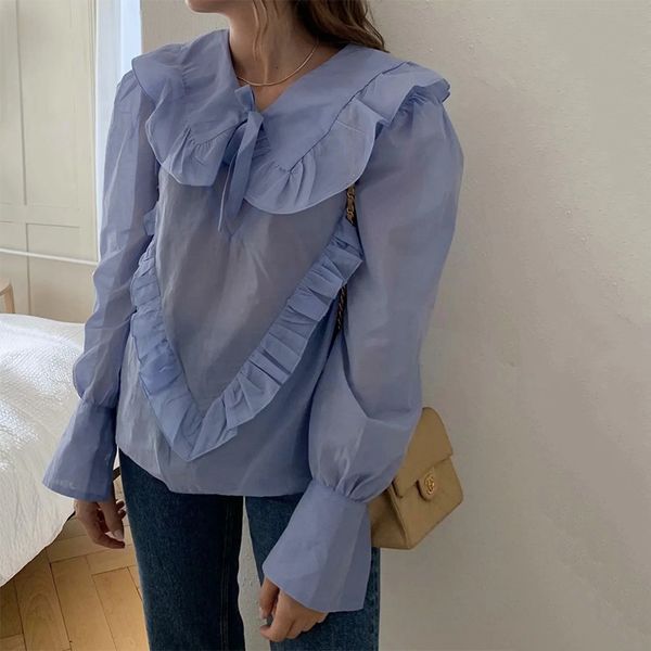 

women's tanks & camis mosimolly trendy ruffle blouses shirt women peterpan collar blue femela bluses 2021 spring dihf, White