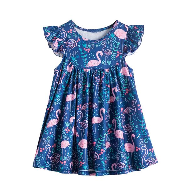 Vento Europeu e Americano Mangas Curtas Vestidos Menina Azul Flamingo Imprimir Vestuário de Verão Atacado Princesa Casual A - Palavra Saia Padrão de Dinossauro Animal