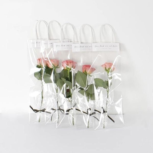 

gift wrap 10pcs/bag plastic floral packaging with handle flower bag bouquet wrapping paper transparent