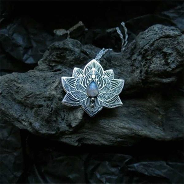 

chains vintage alloy mandala lotus flower pendant necklaces for women charm leather chain amulet yoga jewelry wholesale, Silver