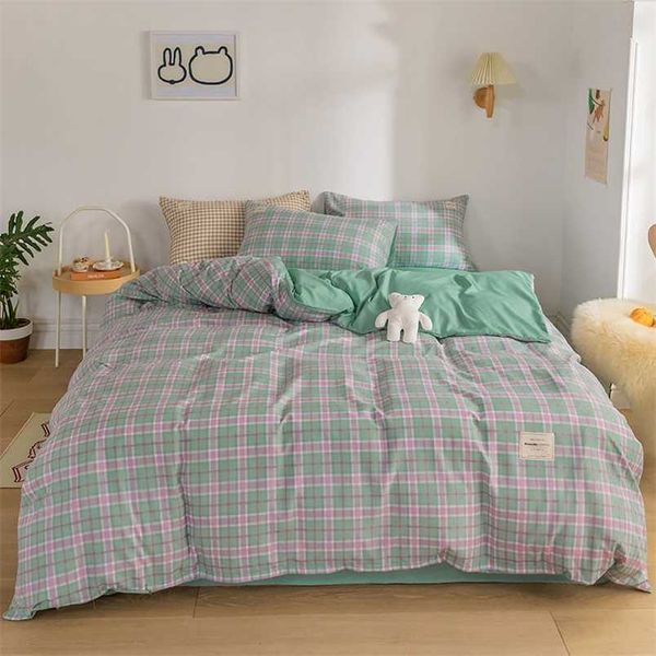 Japonês creme xadrez de quatro peças menina coração lavagem colcha capa bonito cama folha de três peças home têxteio cama 211007