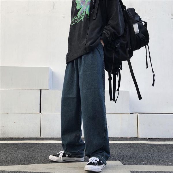 

men's jeans blue wide-leg fashion retro pocket men streetwear loose hip-hop straight denim trousers mens cargo pants