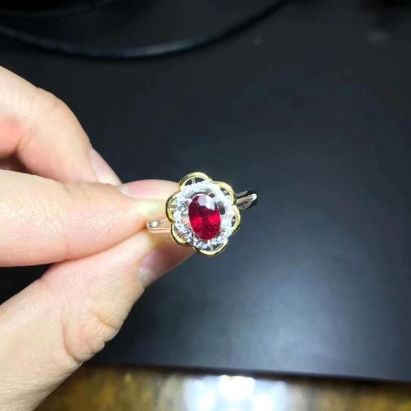 

cluster rings fashion natural ruby gem ring red color certified 925 sterling silver love present birthstone gift, Golden;silver
