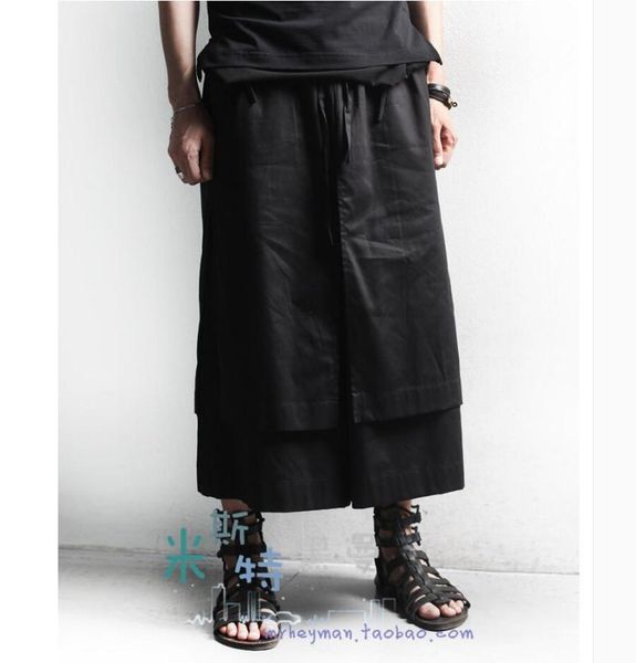 

men's pants double layer culottes men wide leg loose fashion casual placketing hairstylist skirt singer costumes 2021 27-44, Black