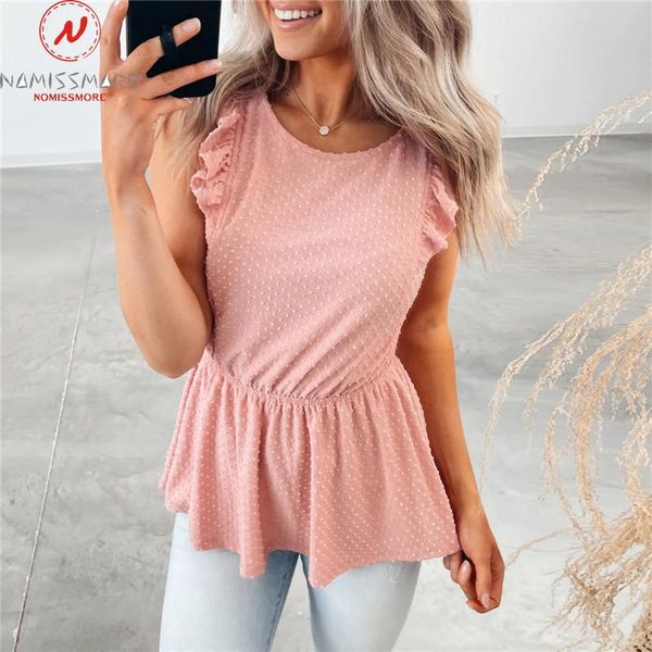 

women's t-shirt sweet women summer solid color t-shirts for streetwear shrinkage design ruffles decor o-neck sleeveless slim pullovers, White