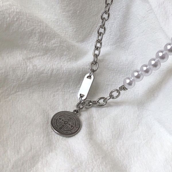 

ti-tanium steel mosaic pearl necklace korea east gate versatile clavicle net red the same temperament fashion neck chain woman, Silver