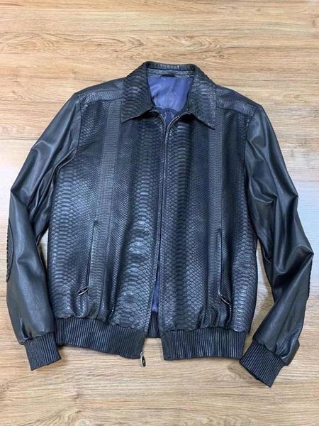 

men's leather & faux 2021 italy classic luxury male genuine sheepskin python jacket, Black