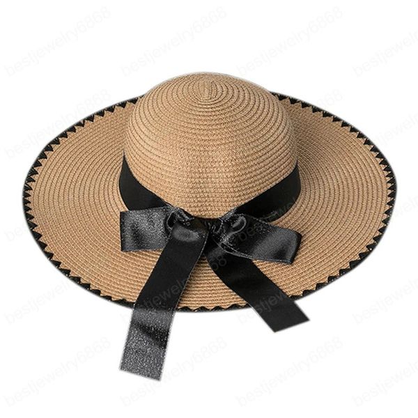Verão Sun Chapéu Para Mulheres Grande Brim Fita Beach Chapéu Dobrável Feminino Grils Outdoor Sun Proteção Moda Chapéu de Palha Panamá