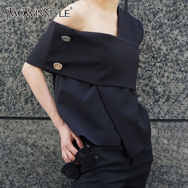 

asymmetrical patchwork button t shirt for women skew collar short sleeve slim t shirts female fashion new clothing 210428, White