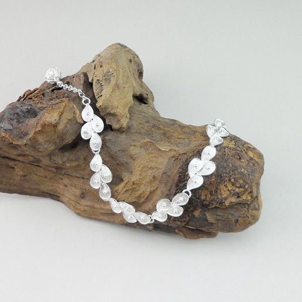 

sterling silver bracelet feather chain charms vintage flowers bangles handmade ethnic jewelry women hand link link,, Black