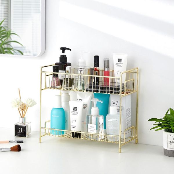 

steel double layers makeup organizer storage rack for cosmetics bathroom shelf women jewelry table accessories container boxes & bins
