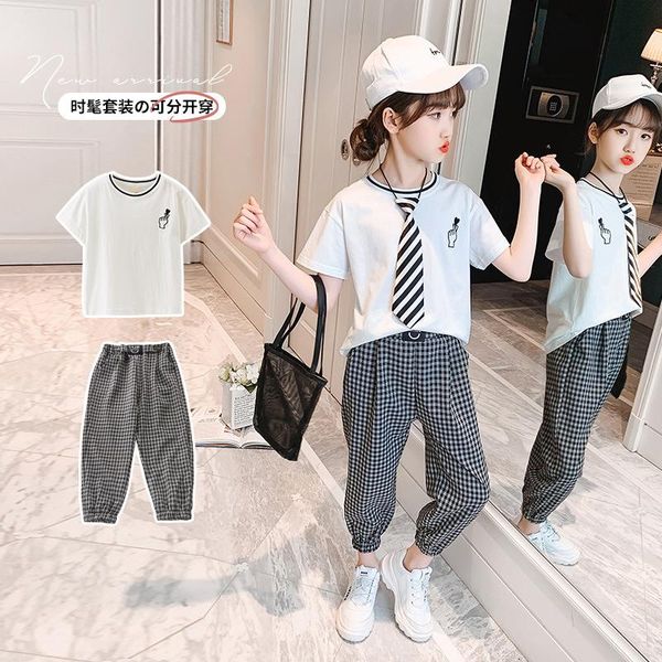 

clothing sets kids clothes fashion necktie summer suit 2021 short sleeve + plaid pants 2pc children sportswear teenage girls, White
