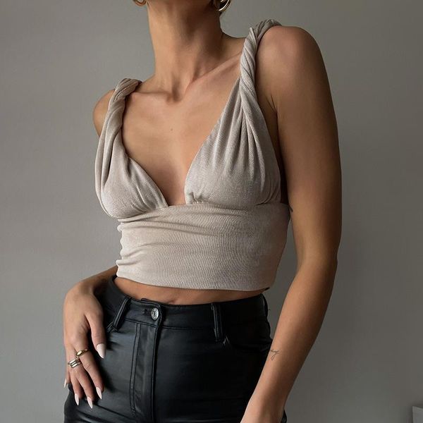

women's tanks & camis summer chic twist straps deep v neck crop for women ruched sleeveless elastic fabric cropped club party, White