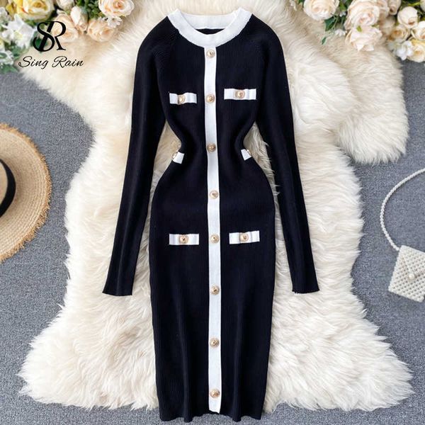 

singrain women knitted sheath dress autumn office bodycon kniting dress casual winter elastic o neck button retro sweater dress y1006, Black;gray