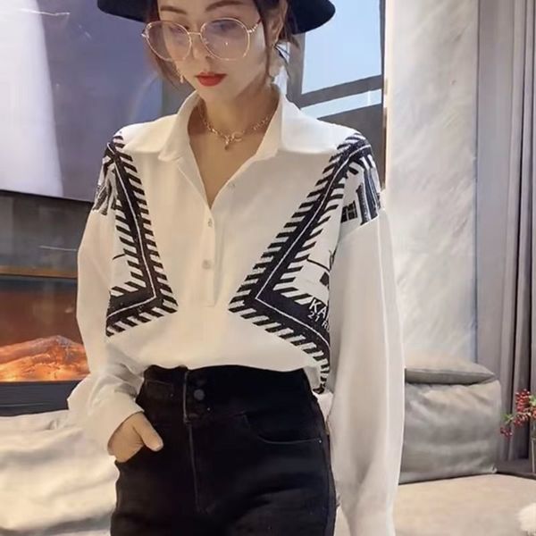 

women's blouses & shirts arrival summer women loose casual turn-down collar long sleeve blouse fashion print single breasted w167, White