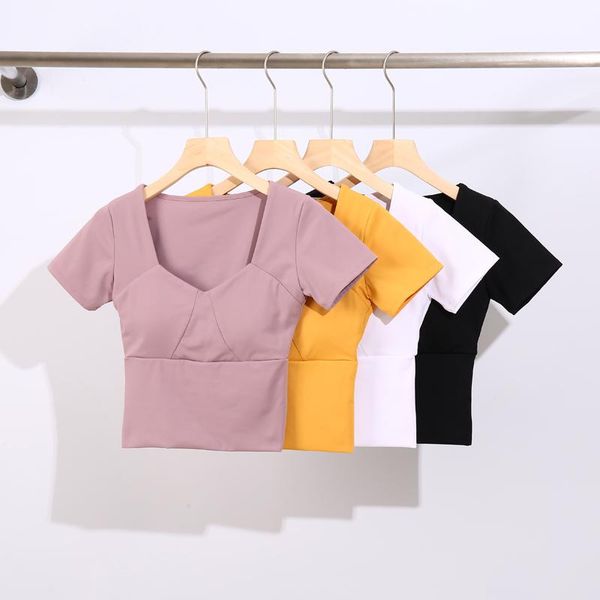 

yoga outfit short sleeve t shirt crop shirts with removable padding gym running fitness workout active wear women