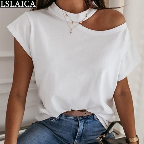 

tshirt short sleeve solid color loose stand collar summer women clothes polyester casual off the shoulder woman crop 210515, White
